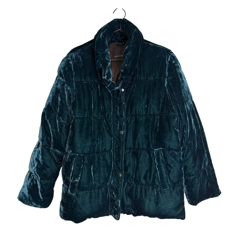 Banana Republic‎ Womens Velvet Puffer Jacket Teal Green Quilted Coat Size Large